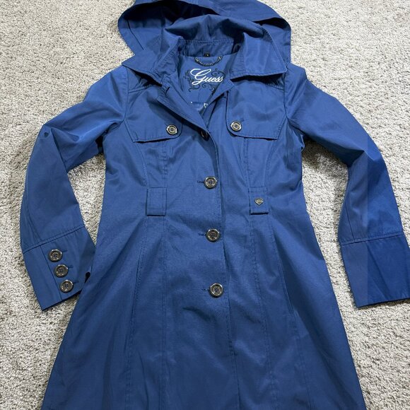 Guess Womens Blue Iridescent Button Trench Coat Luxury Old Money Preppy City M - Picture 1 of 8